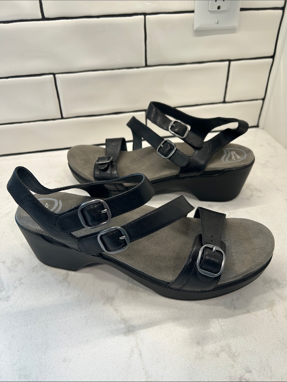 Dansko Black Strappy Buckle Wedge Sandals